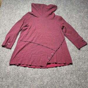 Ali Miles Tunic Top Womens L Maroon Cowl Neck Asymmetric Button Textured Crinkle